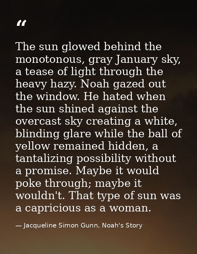 The sun glowed behind the monotonous, gray January sky, a tease of light through the heavy hazy. Noah gazed out the wind — Jacqueline Simon Gunn, Noah's Story