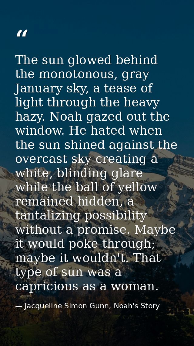 The sun glowed behind the monotonous, gray January sky, a tease of light through the heavy hazy. Noah gazed out the wind — Jacqueline Simon Gunn, Noah's Story