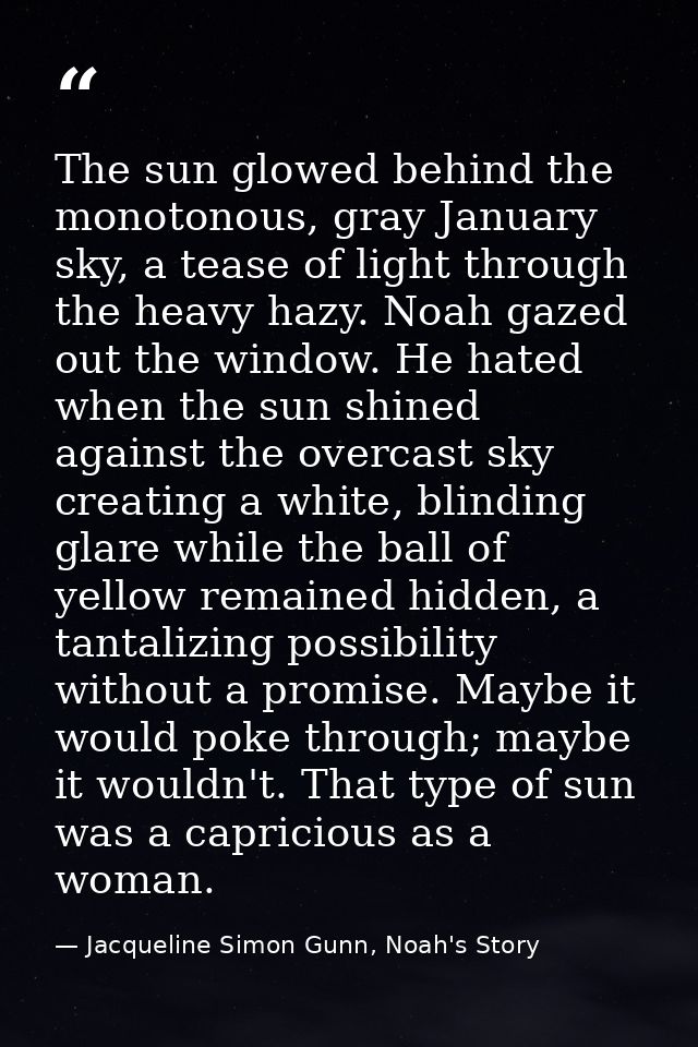 The sun glowed behind the monotonous, gray January sky, a tease of light through the heavy hazy. Noah gazed out the wind — Jacqueline Simon Gunn, Noah's Story