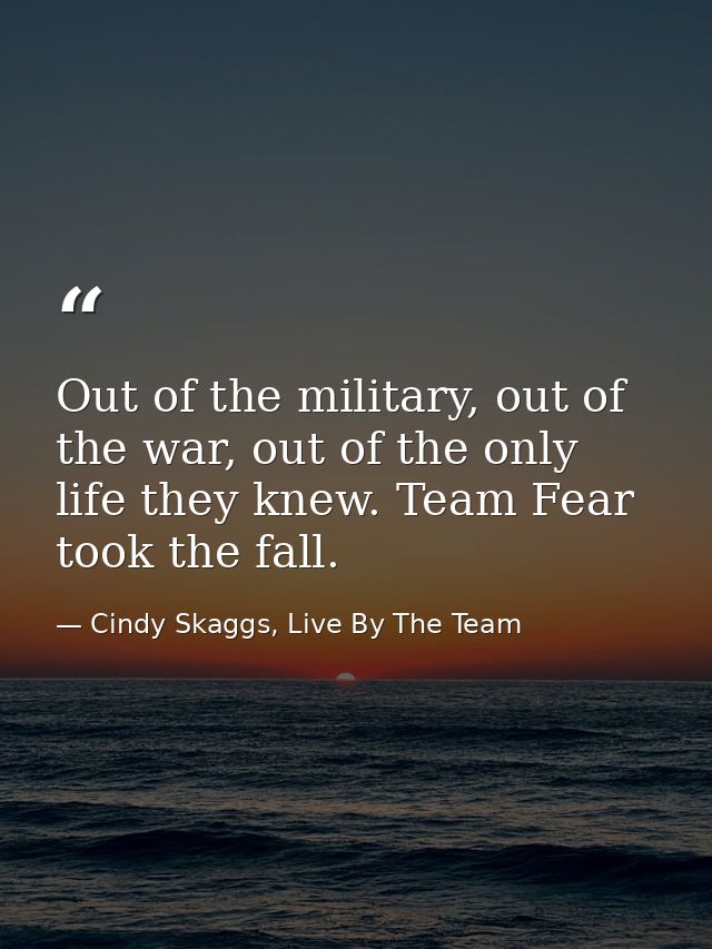 Out of the military, out of the war, out of the only life they knew. Team Fear took the fall. — Cindy Skaggs, Live By The Team