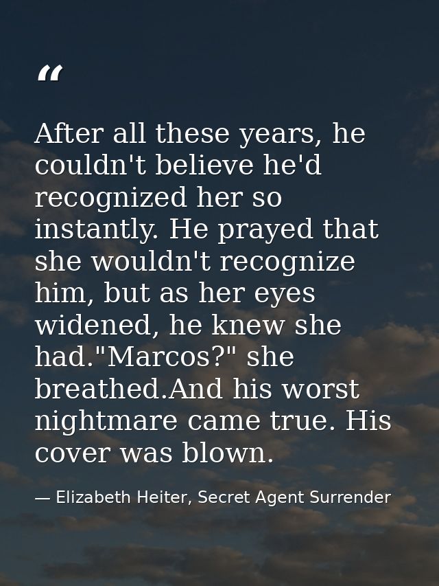 After all these years, he couldn't believe he'd recognized her so instantly. He prayed that she wouldn't recognize him,  — Elizabeth Heiter, Secret Agent Surrender