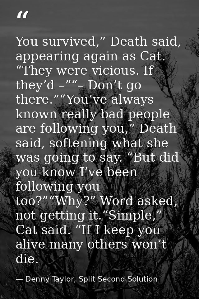 You survived,” Death said, appearing again as Cat. “They were vicious. If they’d –”“– Don’t go there.”“You’ve always kno — Denny Taylor, Split Second Solution