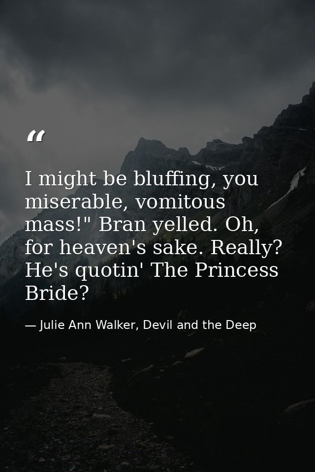 I might be bluffing, you miserable, vomitous mass!" Bran yelled. Oh, for heaven's sake. Really? He's quotin' The Princes — Julie Ann Walker, Devil and the Deep