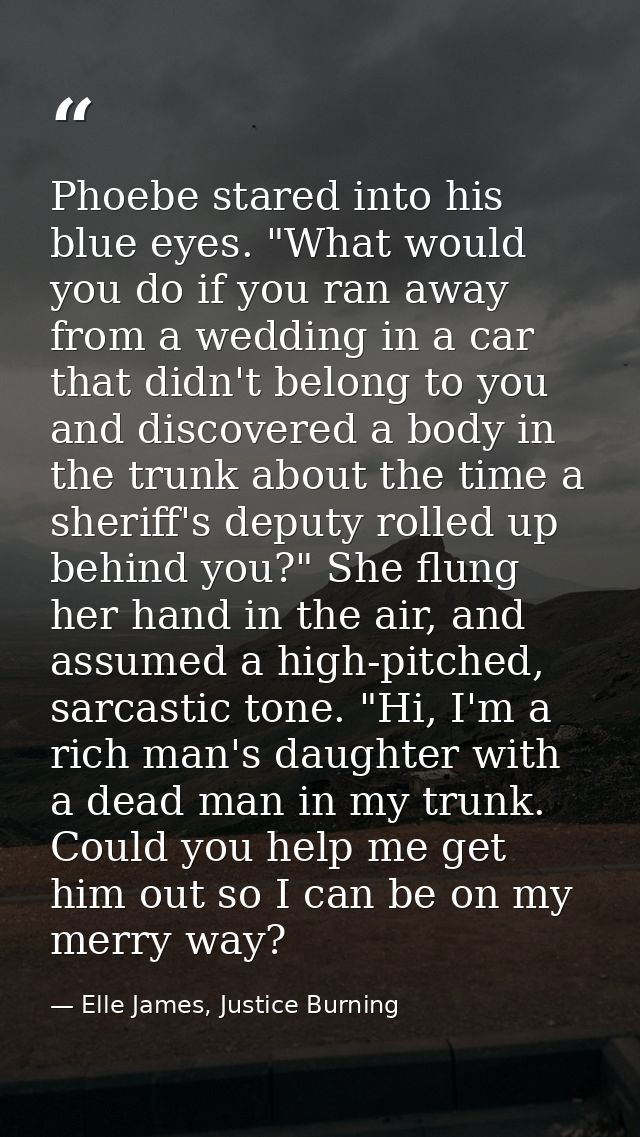 Phoebe stared into his blue eyes. "What would you do if you ran away from a wedding in a car that didn't belong to you a — Elle James, Justice Burning