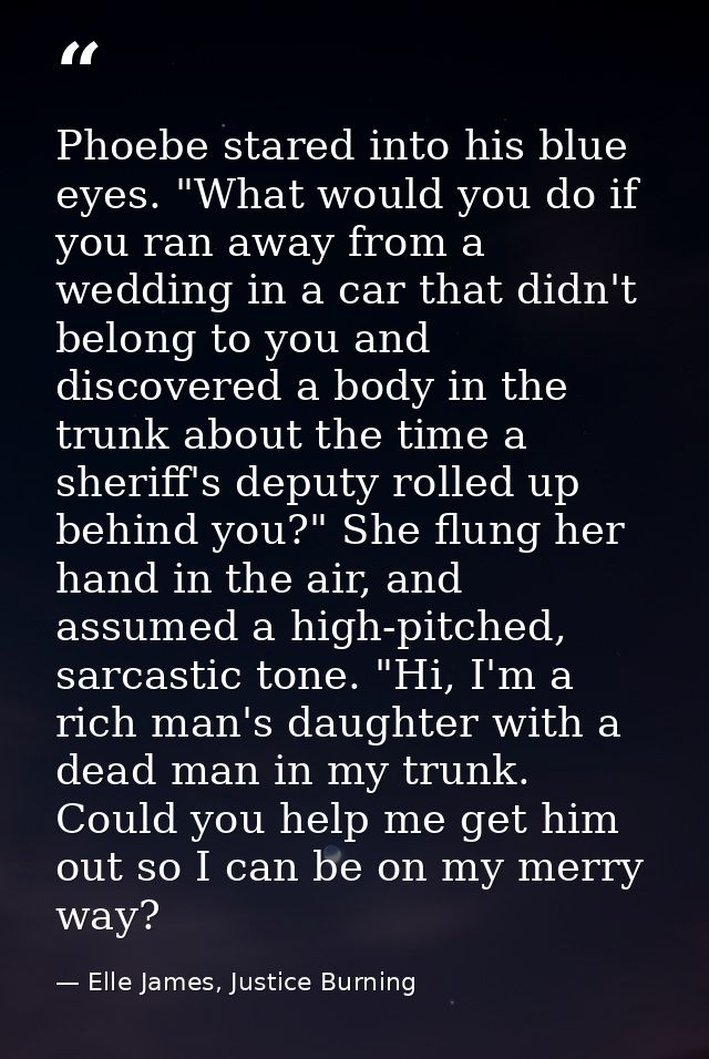 Phoebe stared into his blue eyes. "What would you do if you ran away from a wedding in a car that didn't belong to you a — Elle James, Justice Burning