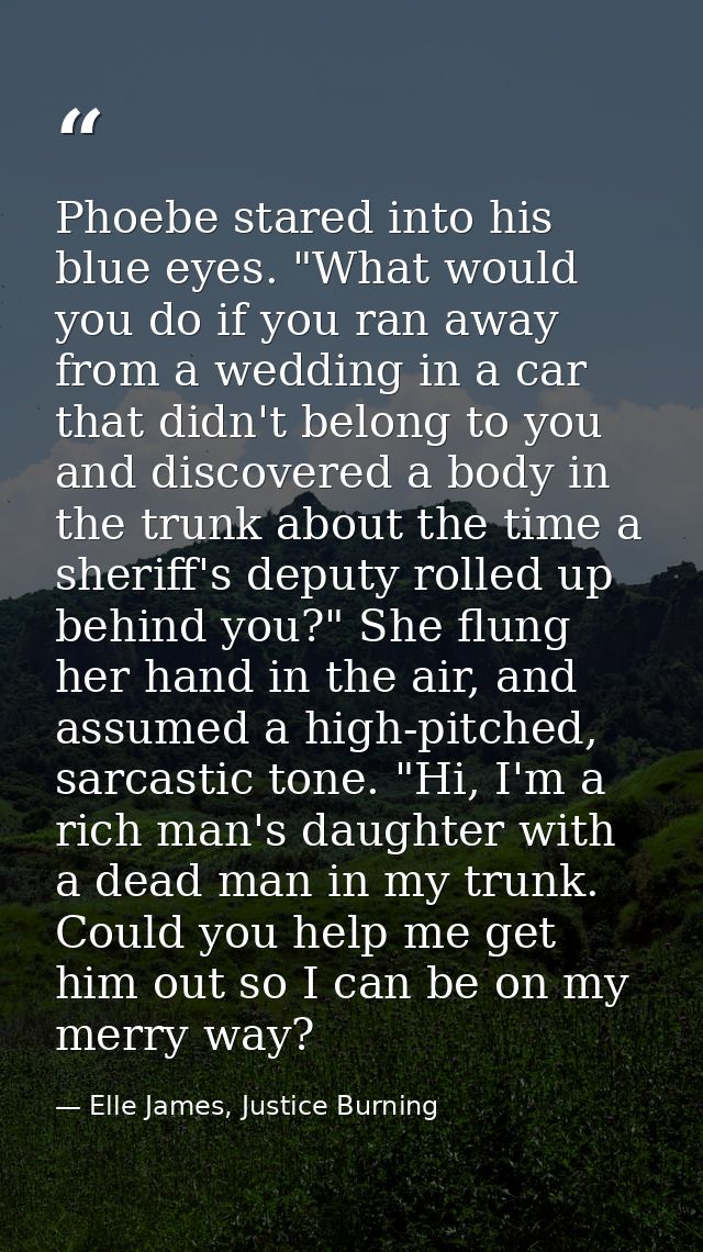 Phoebe stared into his blue eyes. "What would you do if you ran away from a wedding in a car that didn't belong to you a — Elle James, Justice Burning