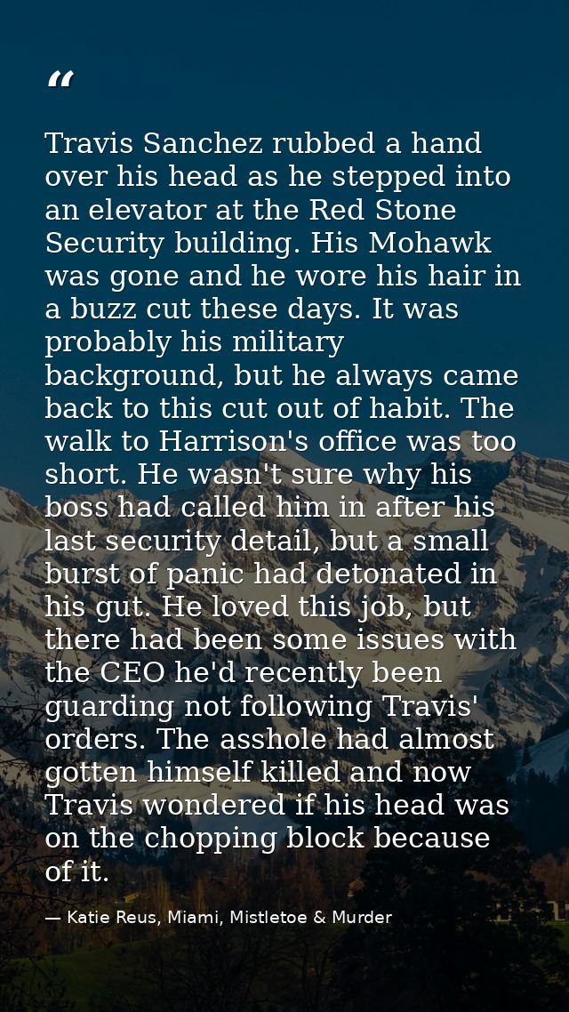 Travis Sanchez rubbed a hand over his head as he stepped into an elevator at the Red Stone Security building. His Mohawk — Katie Reus, Miami, Mistletoe & Murder