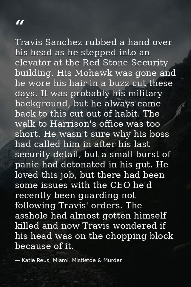 Travis Sanchez rubbed a hand over his head as he stepped into an elevator at the Red Stone Security building. His Mohawk — Katie Reus, Miami, Mistletoe & Murder