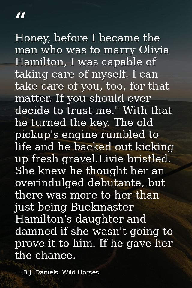 Honey, before I became the man who was to marry Olivia Hamilton, I was capable of taking care of myself. I can take care — B.J. Daniels, Wild Horses