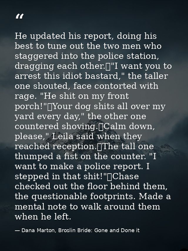 He updated his report, doing his best to tune out the two men who staggered into the police station, dragging each other — Dana Marton, Broslin Bride: Gone and Done it