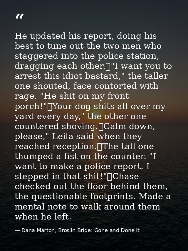 He updated his report, doing his best to tune out the two men who staggered into the police station, dragging each other — Dana Marton, Broslin Bride: Gone and Done it
