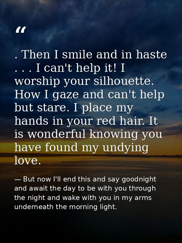 . Then I smile and in haste . . . I can't help it! I worship your silhouette. How I gaze and can't help but stare. I pla — But now I'll end this and say goodnight and await the day to be with you through the night and wake with you in my arms underneath the morning light.