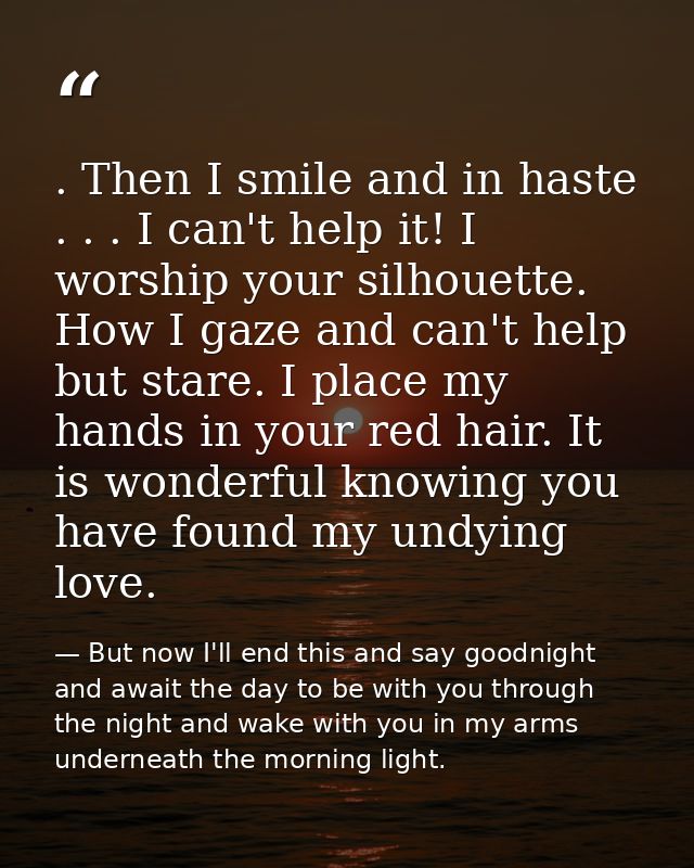 . Then I smile and in haste . . . I can't help it! I worship your silhouette. How I gaze and can't help but stare. I pla — But now I'll end this and say goodnight and await the day to be with you through the night and wake with you in my arms underneath the morning light.