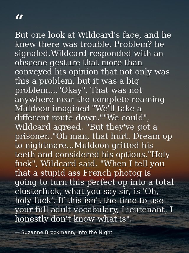 But one look at Wildcard's face, and he knew there was trouble. Problem? he signaled.Wildcard responded with an obscene  — Suzanne Brockmann, Into the Night