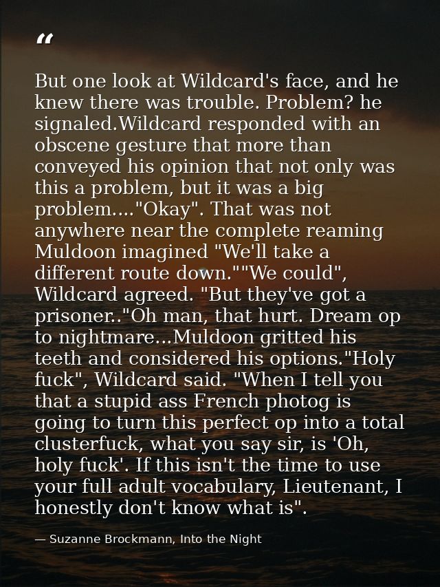 But one look at Wildcard's face, and he knew there was trouble. Problem? he signaled.Wildcard responded with an obscene  — Suzanne Brockmann, Into the Night