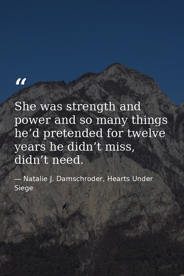 She was strength and power and so many things he’d pretended for twelve years he didn’t miss, didn’t need. — Natalie J. Damschroder, Hearts Under Siege