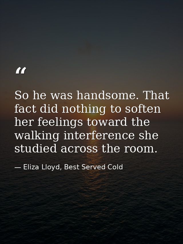 So he was handsome. That fact did nothing to soften her feelings toward the walking interference she studied across the  — Eliza Lloyd, Best Served Cold