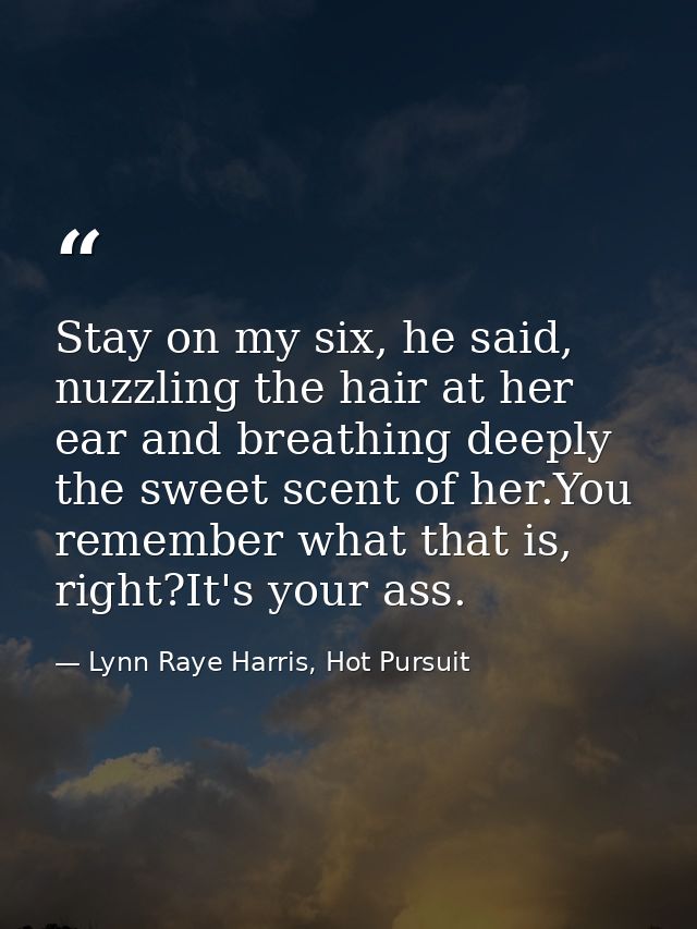 Stay on my six, he said, nuzzling the hair at her ear and breathing deeply the sweet scent of her.You remember what that — Lynn Raye Harris, Hot Pursuit