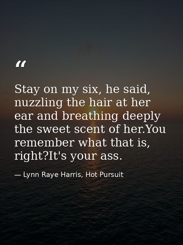 Stay on my six, he said, nuzzling the hair at her ear and breathing deeply the sweet scent of her.You remember what that — Lynn Raye Harris, Hot Pursuit