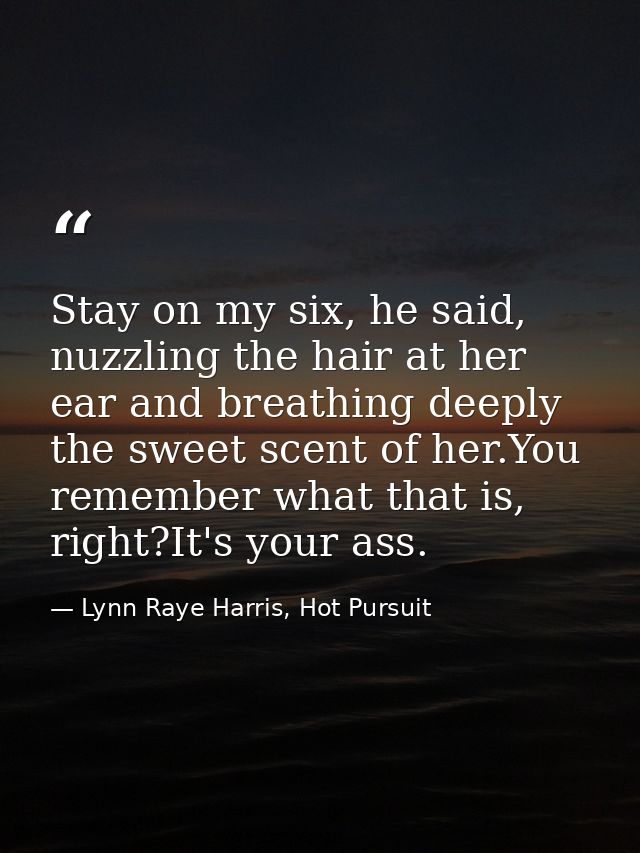 Stay on my six, he said, nuzzling the hair at her ear and breathing deeply the sweet scent of her.You remember what that — Lynn Raye Harris, Hot Pursuit