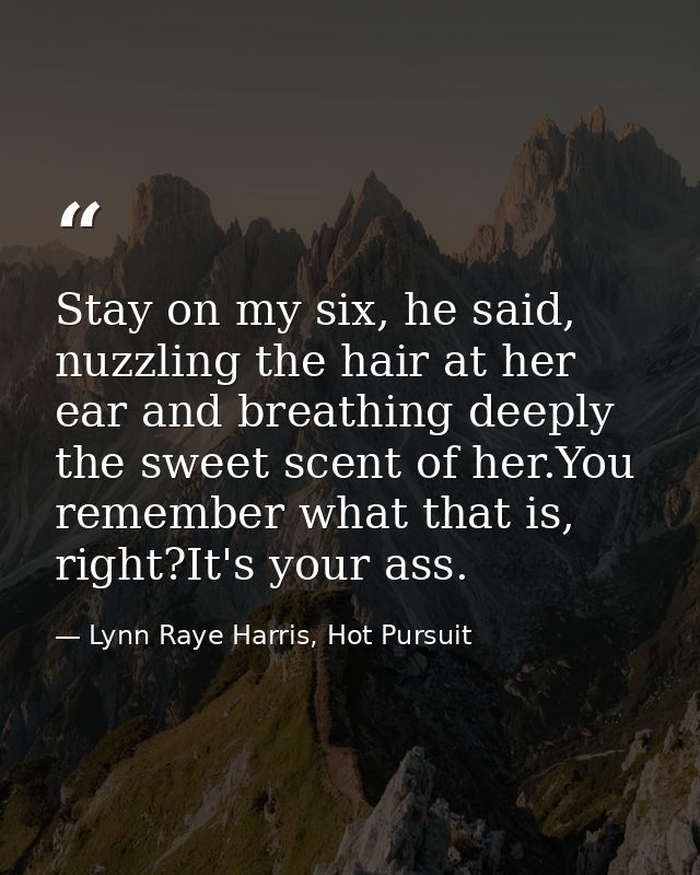 Stay on my six, he said, nuzzling the hair at her ear and breathing deeply the sweet scent of her.You remember what that — Lynn Raye Harris, Hot Pursuit