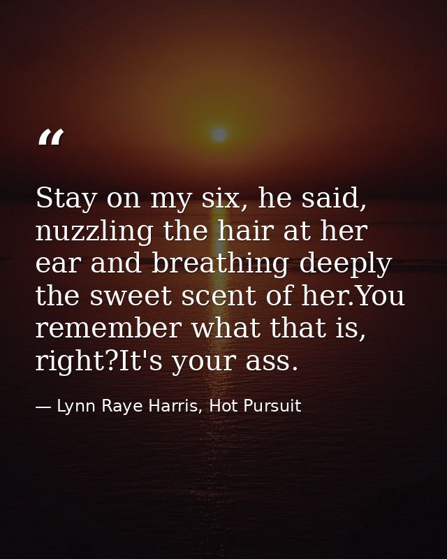 Stay on my six, he said, nuzzling the hair at her ear and breathing deeply the sweet scent of her.You remember what that — Lynn Raye Harris, Hot Pursuit