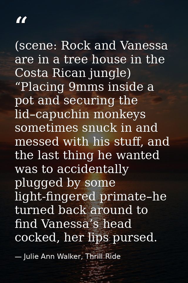(scene: Rock and Vanessa are in a tree house in the Costa Rican jungle) “Placing 9mms inside a pot and securing the lid– — Julie Ann Walker, Thrill Ride