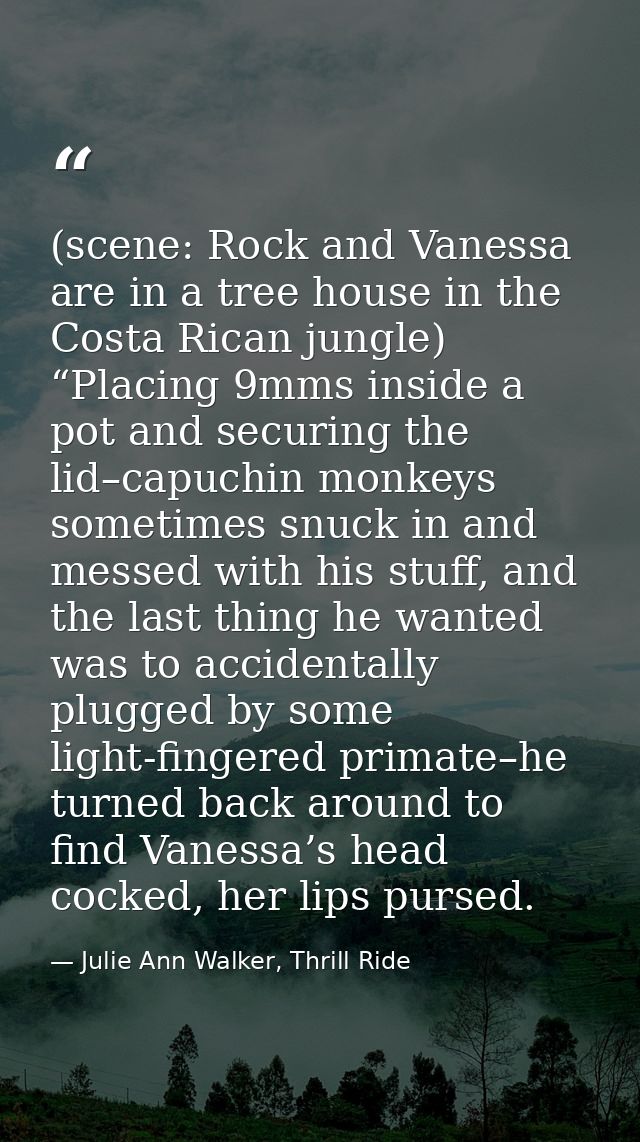 (scene: Rock and Vanessa are in a tree house in the Costa Rican jungle) “Placing 9mms inside a pot and securing the lid– — Julie Ann Walker, Thrill Ride