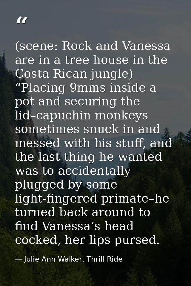 (scene: Rock and Vanessa are in a tree house in the Costa Rican jungle) “Placing 9mms inside a pot and securing the lid– — Julie Ann Walker, Thrill Ride