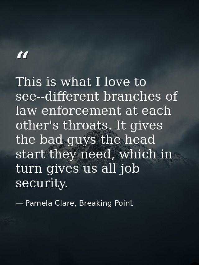 This is what I love to see--different branches of law enforcement at each other's throats. It gives the bad guys the hea — Pamela Clare, Breaking Point