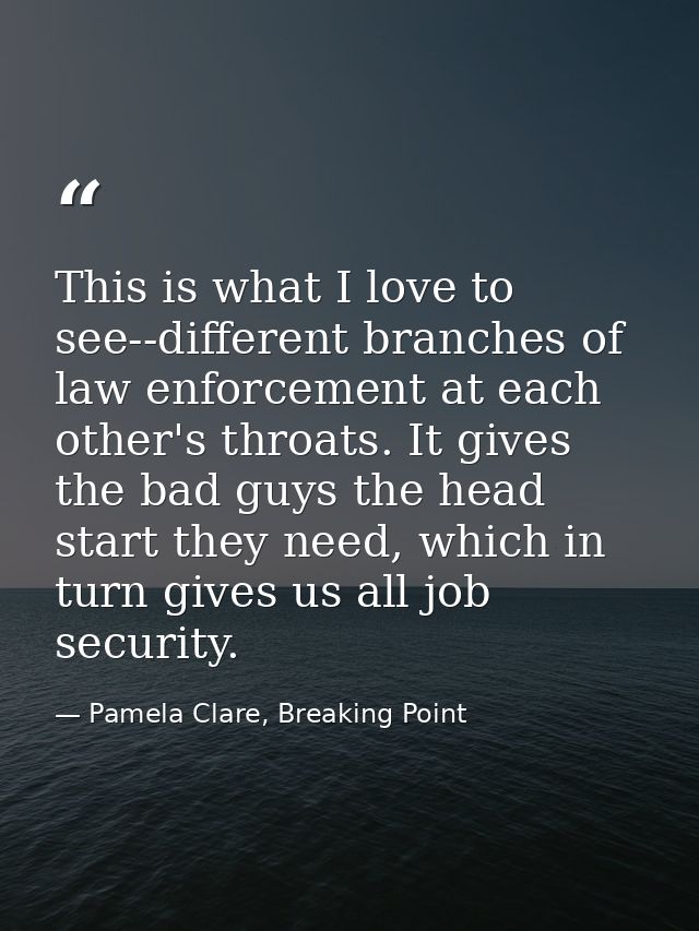 This is what I love to see--different branches of law enforcement at each other's throats. It gives the bad guys the hea — Pamela Clare, Breaking Point