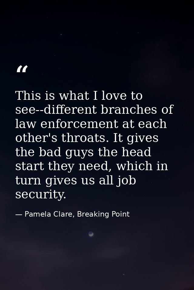 This is what I love to see--different branches of law enforcement at each other's throats. It gives the bad guys the hea — Pamela Clare, Breaking Point