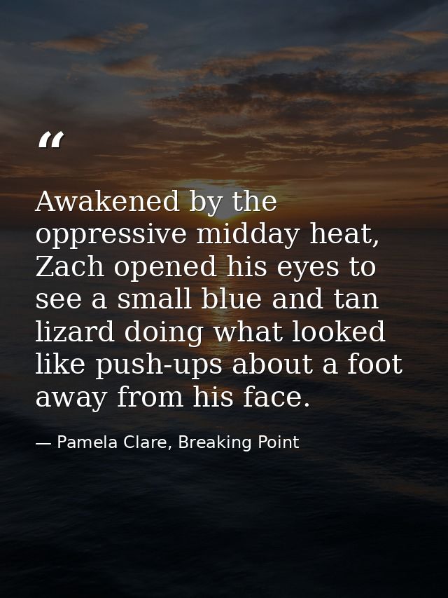 Awakened by the oppressive midday heat, Zach opened his eyes to see a small blue and tan lizard doing what looked like p — Pamela Clare, Breaking Point