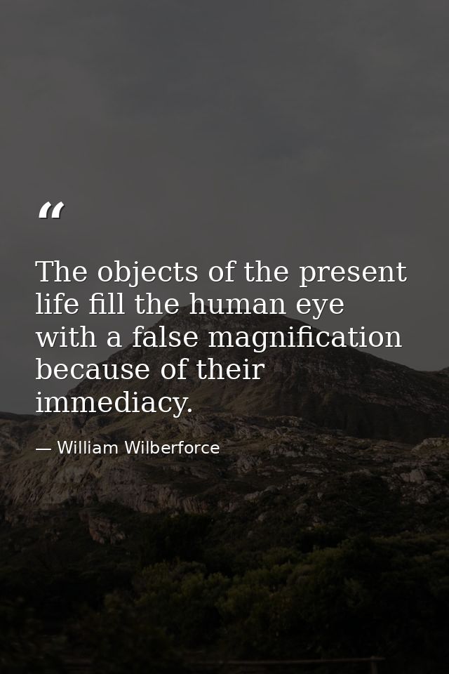 The objects of the present life fill the human eye with a false magnification because of their immediacy. — William Wilberforce