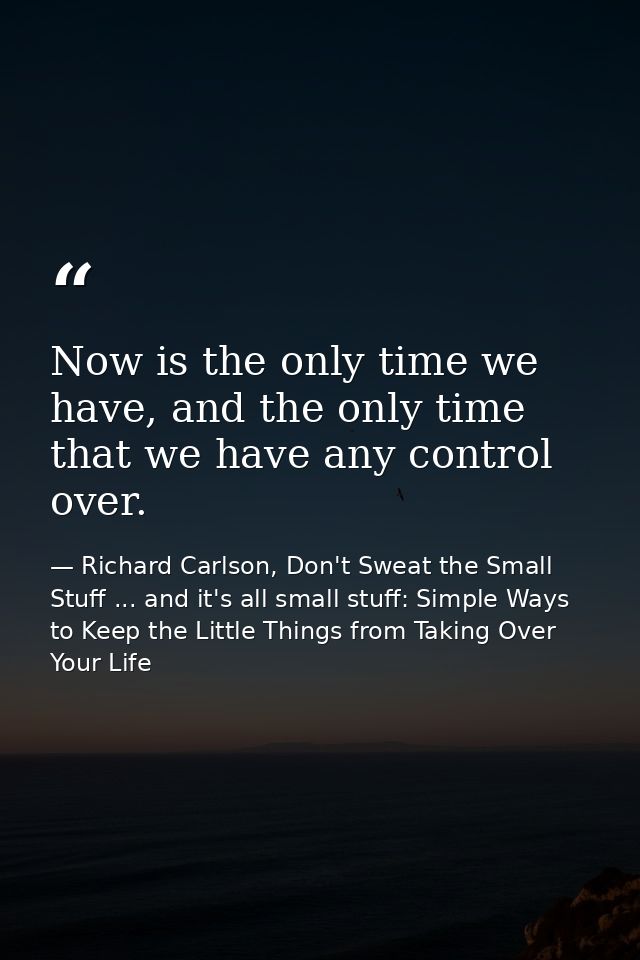 Now is the only time we have, and the only time that we have any control over. — Richard Carlson, Don't Sweat the Small Stuff ... and it's all small stuff: Simple Ways to Keep the Little Things from Taking Over Your Life