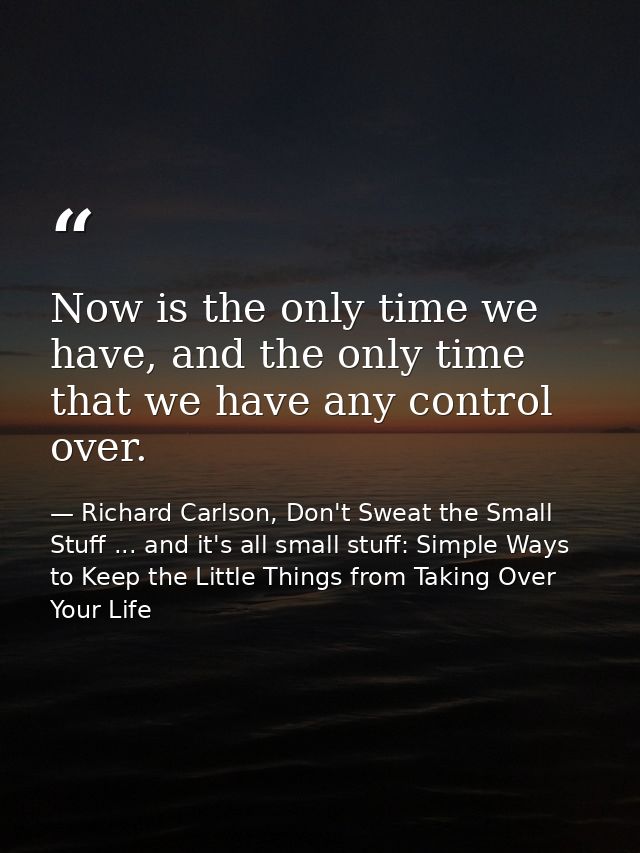 Now is the only time we have, and the only time that we have any control over. — Richard Carlson, Don't Sweat the Small Stuff ... and it's all small stuff: Simple Ways to Keep the Little Things from Taking Over Your Life