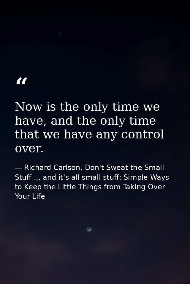 Now is the only time we have, and the only time that we have any control over. — Richard Carlson, Don't Sweat the Small Stuff ... and it's all small stuff: Simple Ways to Keep the Little Things from Taking Over Your Life