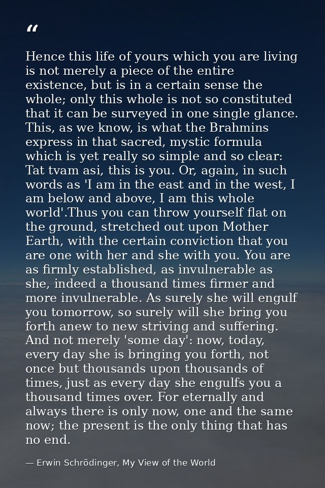 Hence this life of yours which you are living is not merely a piece of the entire existence, but is in a certain sense t — Erwin Schrödinger, My View of the World