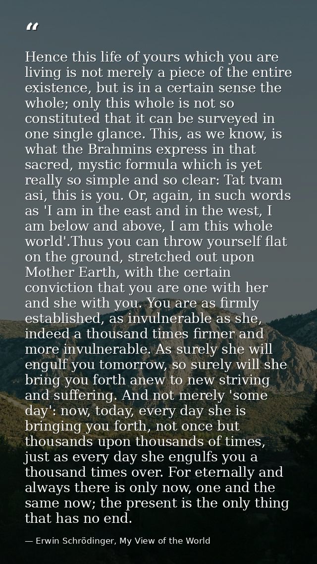 Hence this life of yours which you are living is not merely a piece of the entire existence, but is in a certain sense t — Erwin Schrödinger, My View of the World