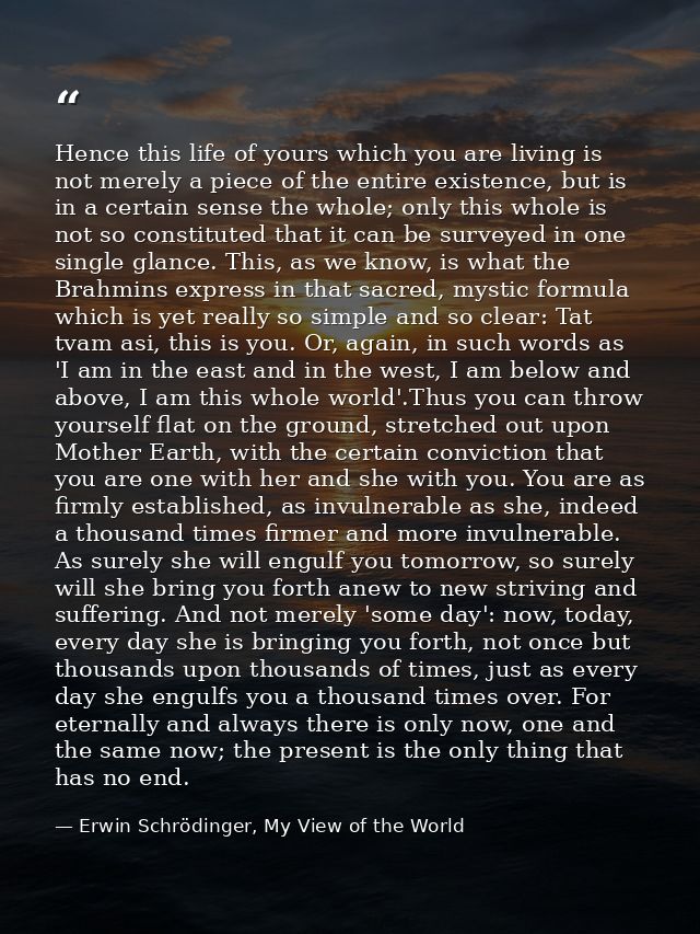 Hence this life of yours which you are living is not merely a piece of the entire existence, but is in a certain sense t — Erwin Schrödinger, My View of the World