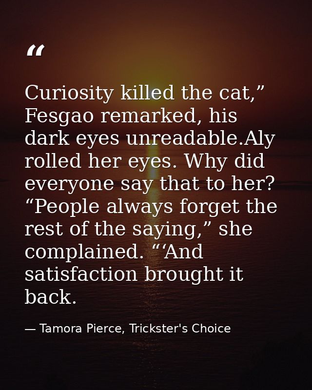 Curiosity killed the cat,” Fesgao remarked, his dark eyes unreadable.Aly rolled her eyes. Why did everyone say that to h — Tamora Pierce, Trickster's Choice