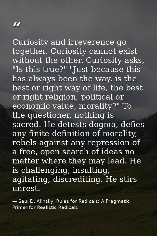 Curiosity and irreverence go together. Curiosity cannot exist without the other. Curiosity asks, "Is this true?" "Just b — Saul D. Alinsky, Rules for Radicals: A Pragmatic Primer for Realistic Radicals