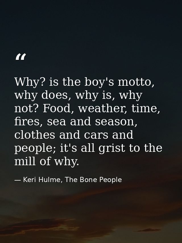 Why? is the boy's motto, why does, why is, why not? Food, weather, time, fires, sea and season, clothes and cars and peo — Keri Hulme, The Bone People