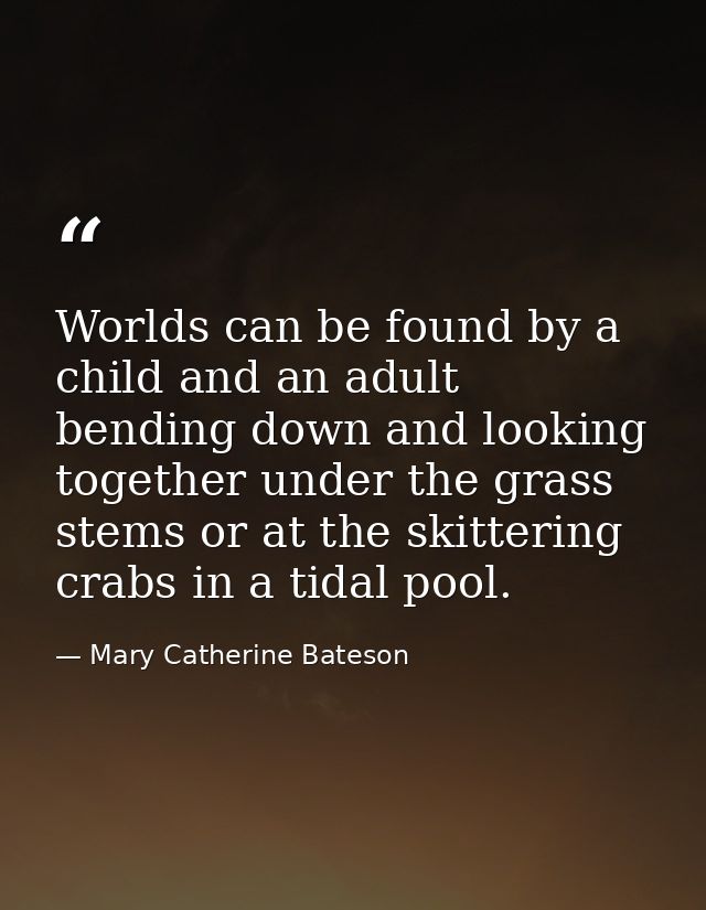 Worlds can be found by a child and an adult bending down and looking together under the grass stems or at the skittering — Mary Catherine Bateson