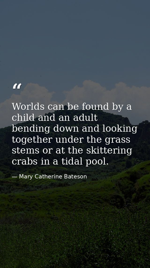 Worlds can be found by a child and an adult bending down and looking together under the grass stems or at the skittering — Mary Catherine Bateson