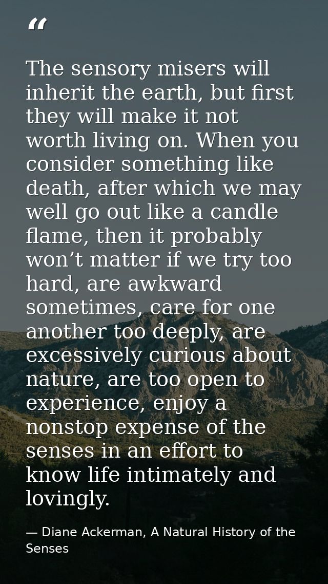The sensory misers will inherit the earth, but first they will make it not worth living on. When you consider something  — Diane Ackerman, A Natural History of the Senses