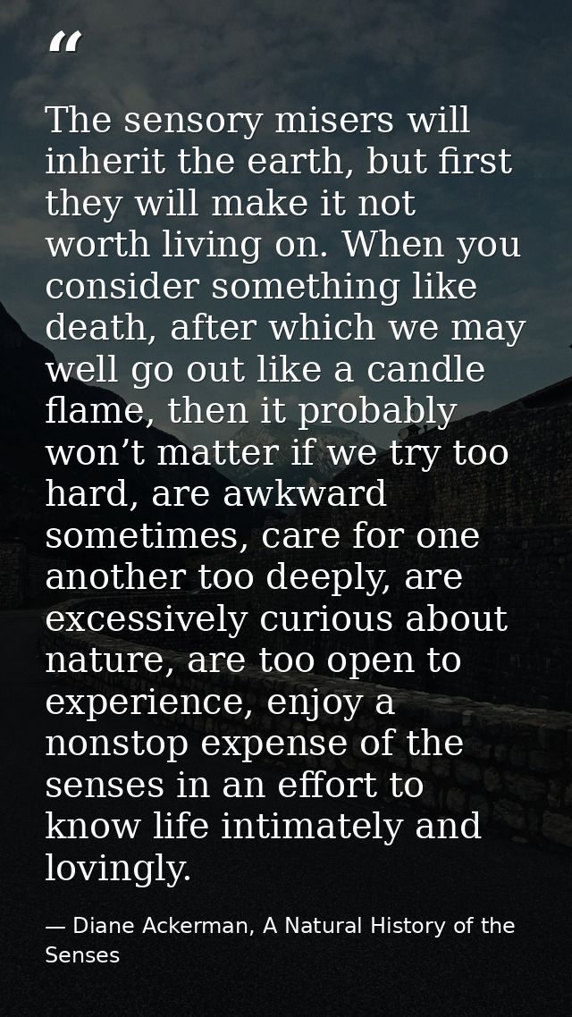 The sensory misers will inherit the earth, but first they will make it not worth living on. When you consider something  — Diane Ackerman, A Natural History of the Senses