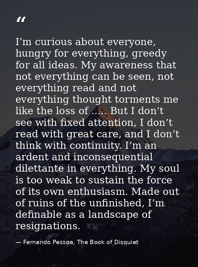 I’m curious about everyone, hungry for everything, greedy for all ideas. My awareness that not everything can be seen, n — Fernando Pessoa, The Book of Disquiet