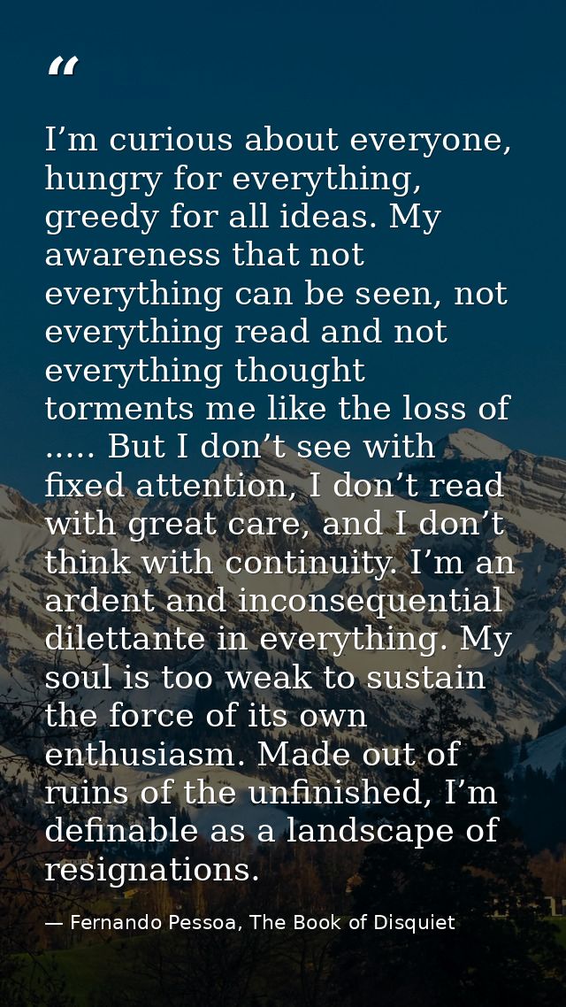 I’m curious about everyone, hungry for everything, greedy for all ideas. My awareness that not everything can be seen, n — Fernando Pessoa, The Book of Disquiet