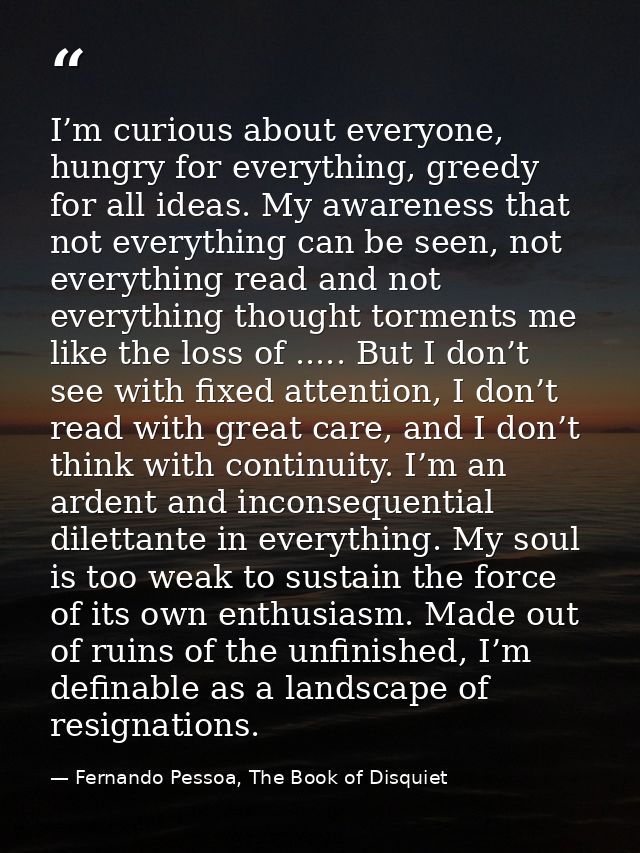 I’m curious about everyone, hungry for everything, greedy for all ideas. My awareness that not everything can be seen, n — Fernando Pessoa, The Book of Disquiet